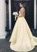Yellow A Line V Neck Satin Long Prom Dresses, V Neck Backless Yellow Satin Wedding Dresses, Formal Dresses