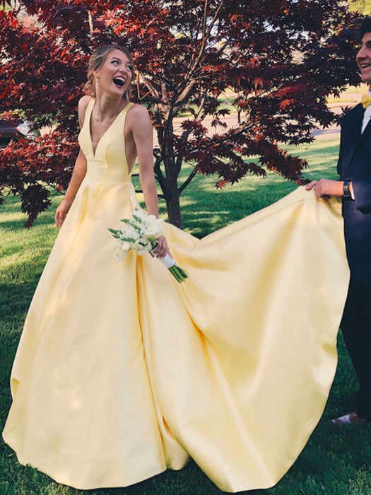 Yellow A Line V Neck Satin Long Prom, V Neck Backless Yellow Satin Wed Bridelily Yellow A Line V Neck Satin Long Prom, V Neck Backless Yellow Satin Wed Bridelily