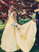 Yellow A Line V Neck Satin Long Prom Dresses, V Neck Backless Yellow Satin Wedding Dresses, Formal Dresses