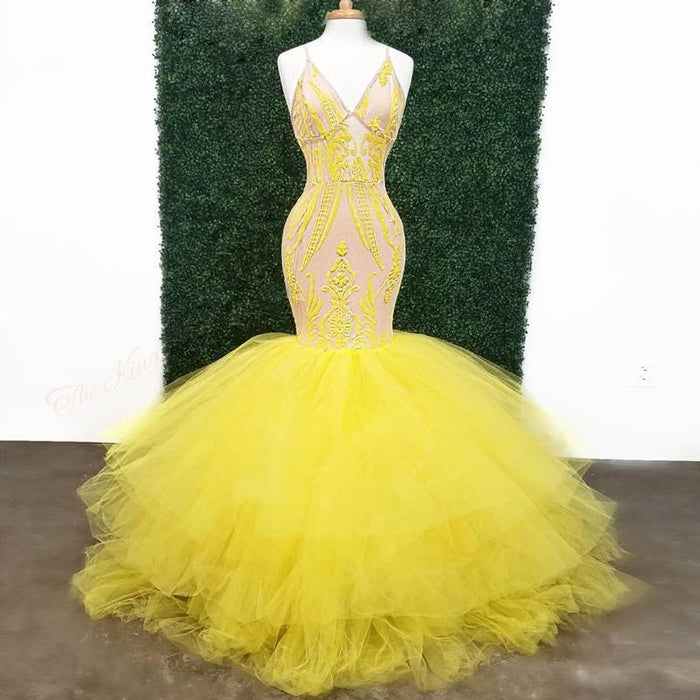 Yellow Deep V Neck Lace Appliques Mermaid Prom Dresses - Prom Dresses