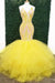 Yellow Deep V Neck Lace Appliques Mermaid Prom Dresses - Prom Dresses