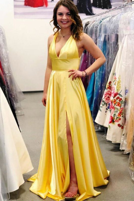 Yellow Deep V Neck Sleeveless Split Sweep Train Prom Long Formal Dress with Slit - Prom Dresses