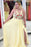 Yellow Halter Appliques Plus Size Prom with Slit A Line V Neck Sleeveless Party Dress - Prom Dresses