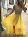 Yellow High Low Round Neck Two Pieces Beading Long Prom Dresses, Yellow Two Pieces Evening Dresses, Yellow Formal Dresses