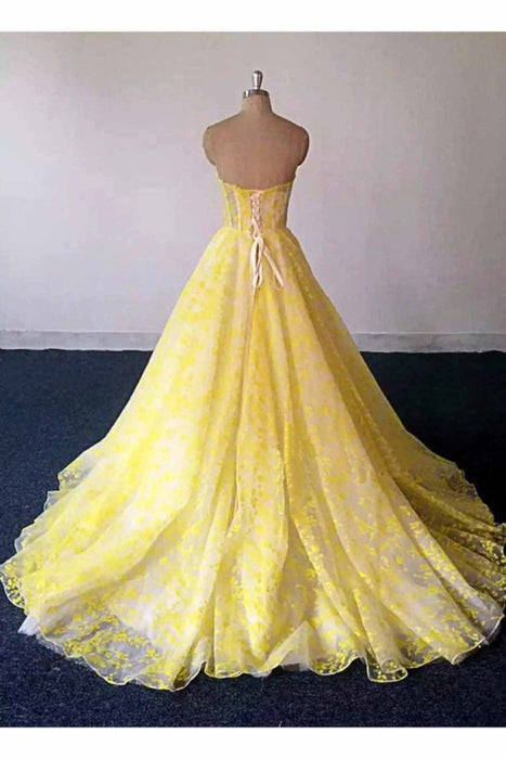 Yellow Lace Strapless Long Graduation Sweetheart Prom Dress For Teens - Prom Dresses