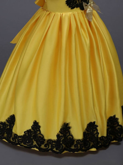 Princess Flower Girl Dresses Yellow Lace Applique Bow Decor Kids Pageant Dresses