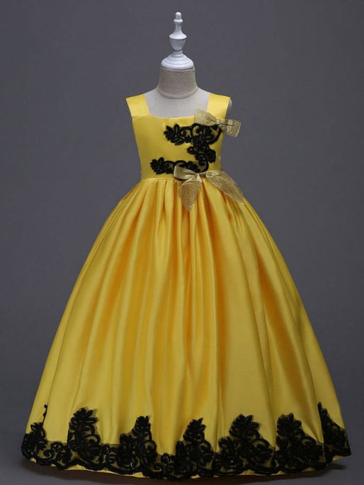 Princess Flower Girl Dresses Yellow Lace Applique Bow Decor Kids Pageant Dresses