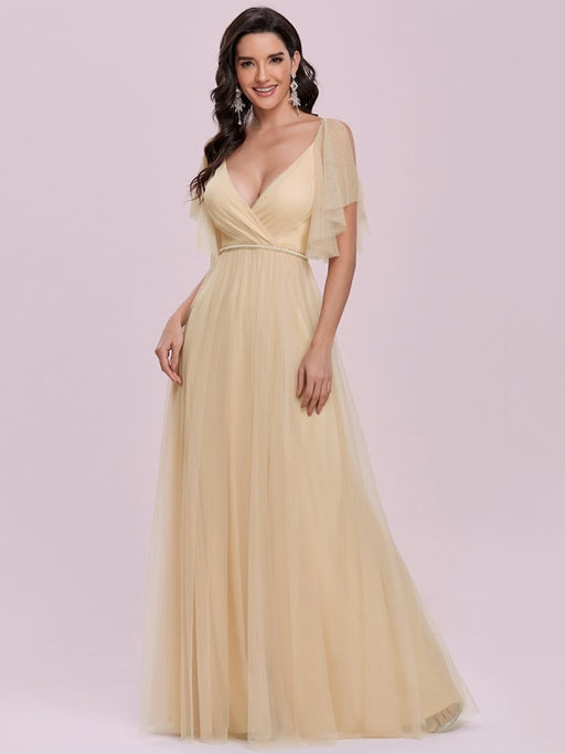 Yellow Prom Dress A-Line V-Neck Tulle Short Sleeves Backless Sash Party Dresses Long Evening Dress