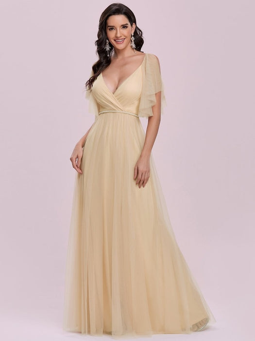 Yellow Prom Dress A-Line V-Neck Tulle Short Sleeves Backless Sash Party Dresses Long Evening Dress