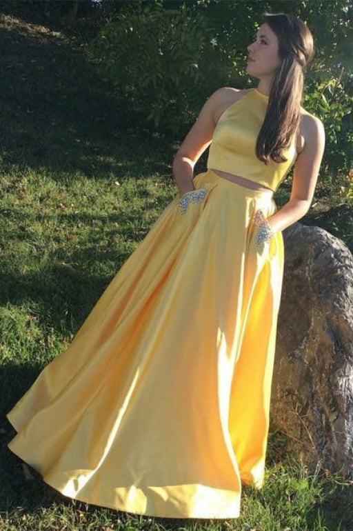 Yellow Satin Two Pieces Long Homecoming with Silver Beading Prom Dress - Prom Dresses