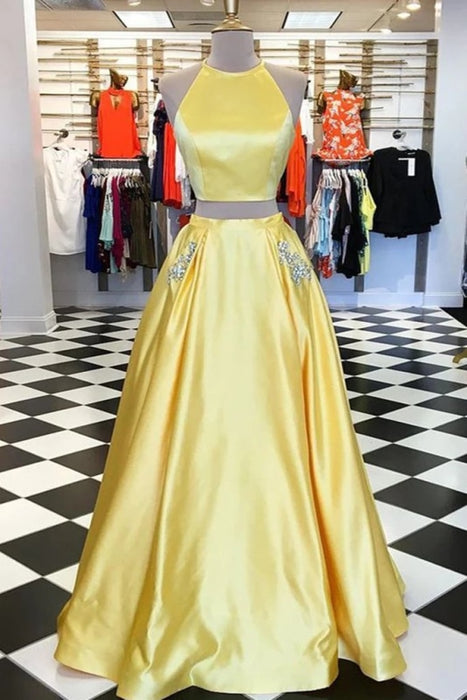 Yellow Satin Two Pieces Long Homecoming with Silver Beading Prom Dress - Prom Dresses
