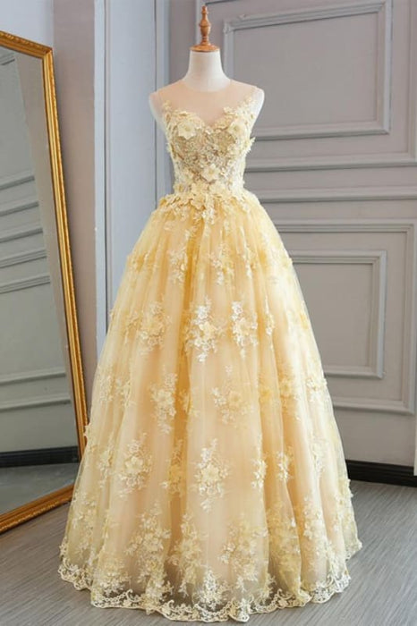 Yellow Sheer Neck Tulle Lace Appliqued Floor-length Prom Dresses - Prom Dresses