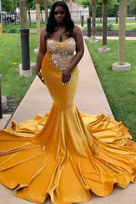 Yellow Sleeveless Sweetheart Mermaid Prom Dresses with Train - Prom Dresses