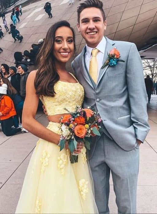 Yellow Two Pieces Lace Long Prom Dresses, Two Pieces Yellow Formal Dresses, Yellow Lace Evening Dresses